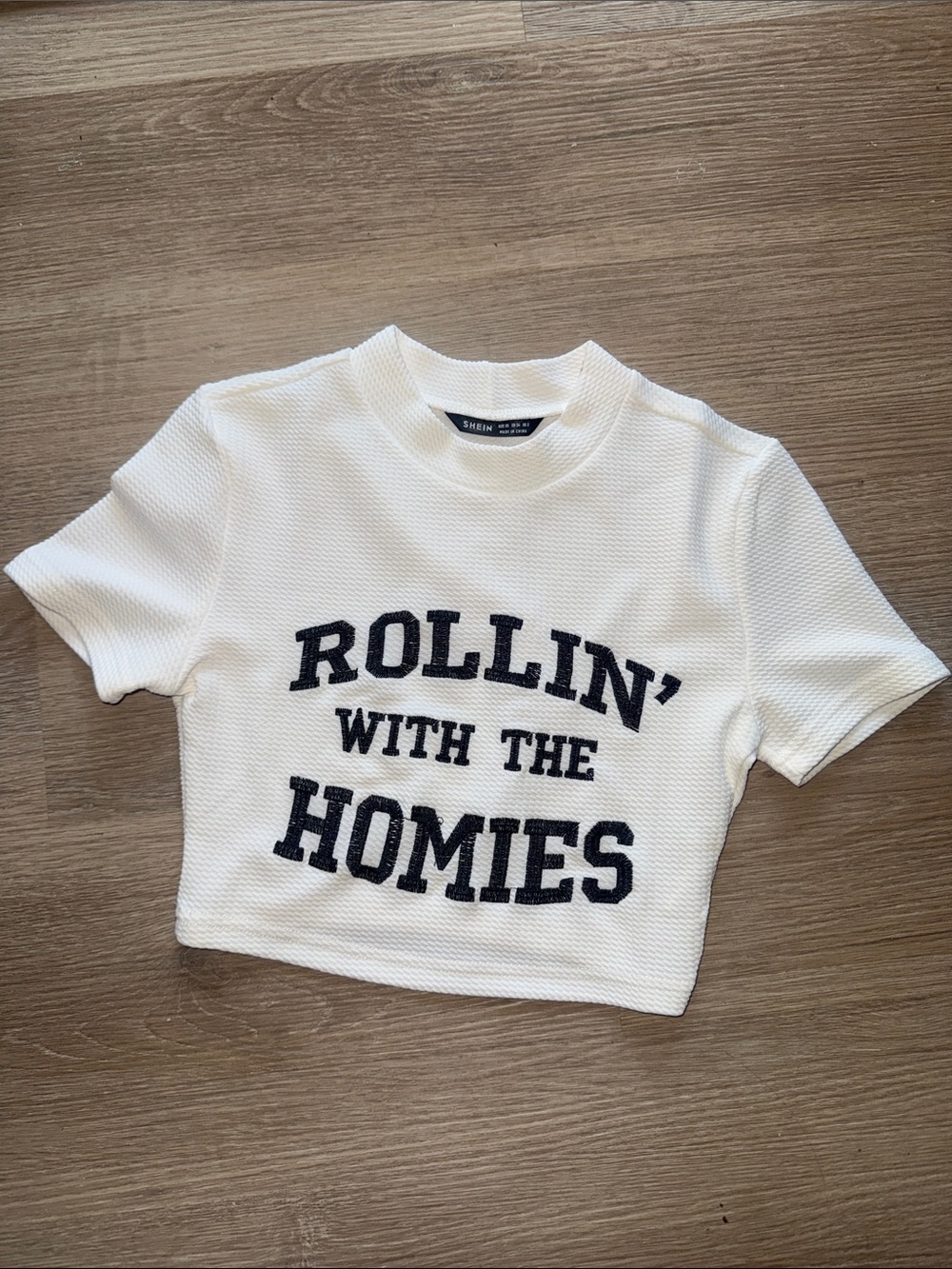 SHEIN Rollin With The Homies Textured Mock Neck Crop Top Baby Tee Shirt